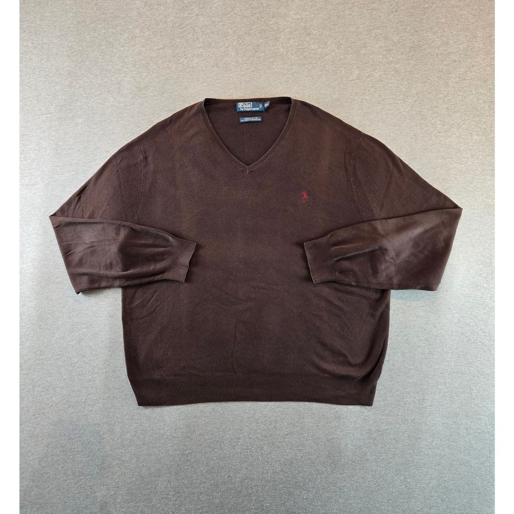 Vintage Polo Ralph Lauren V-Neck Sweater Mens XXL Brown Pima Cotton 90s Pony